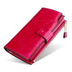 Portefeuille femme cuir vritable grande capacite rfid blocage longue fermeture eclaire - rose rouge