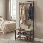 Portemanteau 32 x 70 x 175 cm vestiaire avec banc de rangement pour chaussures style industriel marron ...