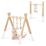 Costway portique deveil en bois pour bb avec 3pcs pendentifs sans bpa forme triangulaire 60x44x60cm ...