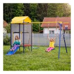 Portique jeu ext�rieur - 4 - en - 1 - trampoline avec filet - balan�oire double - toboggan