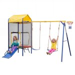 Portique structure de jeux ext�rieure 4en1 trampoline balan�oires toboggan panier basket 336x217x238cm ...
