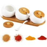 Pot  pices - exquis - cramique + bambou - 3 rcipients avec couvercles - plateau de service inclus ...