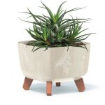 Pot de fleurs carr avec pieds jardiniere 29x22cm plastique creme aspect bton