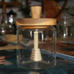 Pot � miel en verre - ulisem - 500 ml - cuill�re en bois - r�cipient herm�tique - verre borosilicate