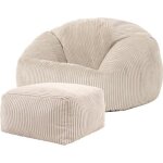 Pouf classique en velours ctel kingston et repose - pieds - icon - beige galet - 85cm x 50cm