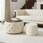 Pouf coffre rond lot de 2 en velours poufs gigognes avec rangement et plateau repose - pieds design sans ...