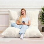 Pouf g�ant beige 3 en 1 convertible ? velours c�tel� 1 place canap� lit et fauteuil de sol confortable ...