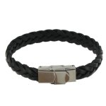 Les poulettes bijoux - bracelet homme cuir noir tr�ss� plat fermoir acier inoxydable - taille 18 cm