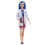 Poupe barbie scientifique - barbie - poupe avec chevelure bleue - robe chimie - microscope
