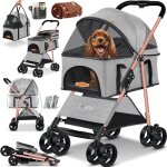 Poussette 2en1 pour chien - lovpet - pliable - jusqu� 20 kg - gris clair - fen�tres en filet - housse ...