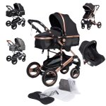 Poussette exquise 3 en 1 bronea - noir / champagne - pliable sac  langer housse de pluie moustiquaire ...