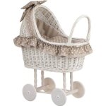Poussette pour poupe - landau en osier blanc - crme avec roues en bois