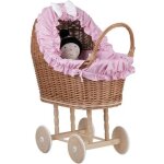 Poussette pour poupe - landau en osier avec tissu rose et roues en bois