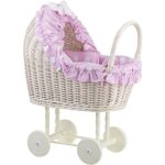 Poussette pour poupe - landau - rose - poussette en osier blanc - creme avec roues en bois
