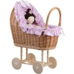 Poussette pour poupe - landau - rose pousette en osier avec roues en bois
