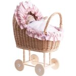 Poussette pour poupe landau avec tissu rose et roues en bois.