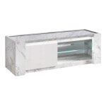 Prava - meuble tv 1 porte 150cm laqu blanc et effet marbre avec leds