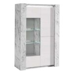 Prava - vitrine 3 portes laqu�e blanc et effet marbre avec leds