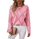 Pull femme 2025 automne - hiver col rondmod�le ajour� sequinsmaille losange chic - rose