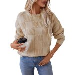 Pull femme col rond � carreaux en tricot autumn dhiver sweat femme chic chaude leger coupe ample manches ...