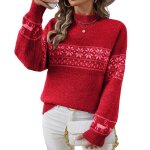 Pull femme - jacquard neige pull de noel femme - col montant hiver - manches longues - taille eu - rouge ...