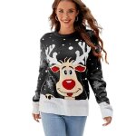 Pull femme - jacquard renne no�l - chaud hiver - col rond manches longues - taille eu - noir