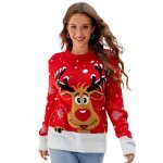 Pull femme - jacquard renne no�l - chaud hiver - col rond manches longues - taille eu - rouge