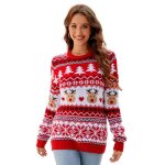 Pull femme no�l ?pull chaud hiver jacquard renne ? col rond ? manches longues ? taille eurouge