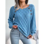 Pull femme en tricot manches longues col carr� pullover l�che torsad�e avec boutons couleur unie automne ...