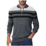 Pull homme en coton gris � fermeture �clair 1 / 4 col montant coupe ajust�e tricot ray� patchwork �l�gant ...