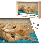 Puzzle classique 500 pi�ces chat roux tigr� se pr�lasse sur serviette bleu animaux
