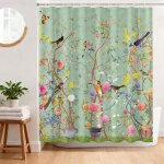 Rideau de douche 180 x 180 cm motif fleur et oiseau tissu polyester lavable imperm�able avec 12 crochets ...
