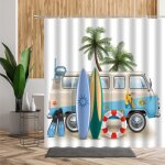 Rideau de douche - voyage cocotiers plage mer - 180 x 200 cm - polyester imperméable - bleu Rideau de douche - voyage cocotiers plage mer - 180 x 200 cm - polyester imperméable - bleu