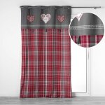 Rideau � ?illets 140 x 240 cm montana - coton tiss� gris et rouge c?urs & carreaux pompons