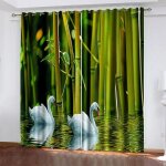 Rideau occultant - cygne animal de for�t de bambou vert - 100x250cm - isolant thermique et phonique