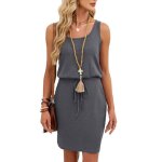 Robe courte femme col rond �t� style d�bardeur cordon de serrage unie d�contract�egris