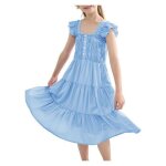 Robe d�t� fille bleue � manches bouffantes avec poches - viscose l�g�re chic et fluide pour c�r�monie ...