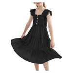 Robe d�t� fille noire en viscose � manches bouffantes avec poches style trap�ze chic pour c�r�monie et ...