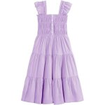 Robe d�t� pour fille violette avec manches bouffantes et col carr� coupe trap�ze �l�gante en viscose ...
