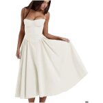 Robe longue d�t� blanche � bretelles spaghetti pour femme avec poches coupe trap�ze vintage chic soir�e ...