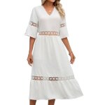 Robe longues femme col v couleur unie manches courtes d�tails dentelle ajour�eblanc