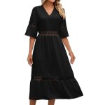 Robe longues femme col v couleur unie manches courtes d�tails dentelle ajour�enoir