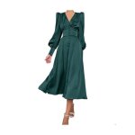 Robe longue maxi en satin pour femme �l�gante style vintage vert fonc� coupe trap�ze col v manches bouffantes ...