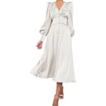 Robe longue en satin pour femme �l�gante vintage � manches bouffantes d�collet� en v et taille haute ...