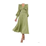 Robe longue en satin femme �l�gante vintage verte � manches bouffantes et col en v style chic pour cocktail ...