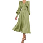 Robe longue en satin pour femme �l�gante vintage verte � manches bouffantes d�collet� en v coupe trap�ze ...