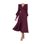 Robe longue satin�e femme bordeaux �l�gante style vintage � manches bouffantes coupe �vas�e et col en ...
