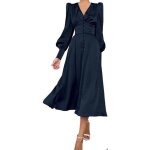 Robe longue satin�e femme �l�gante vintage � manches bouffantes coupe trap�ze d�collet� v boutonn�e mariage ...