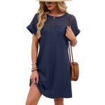 Robe manches courtes femme couleur unie casual col rond en tricotbleu marine