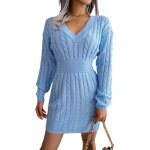 Robe pull femme tricot� col v manche longue robe el�gant slim automne hiver taille haute couleur unie ...